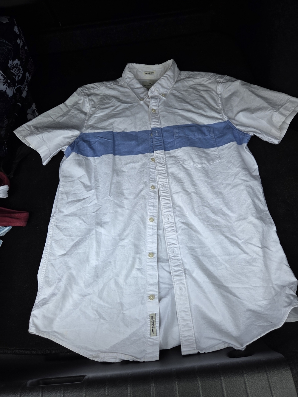 American Eagle Outfitters White Short-Sleeve Button-Down with Blue Chest Stripe